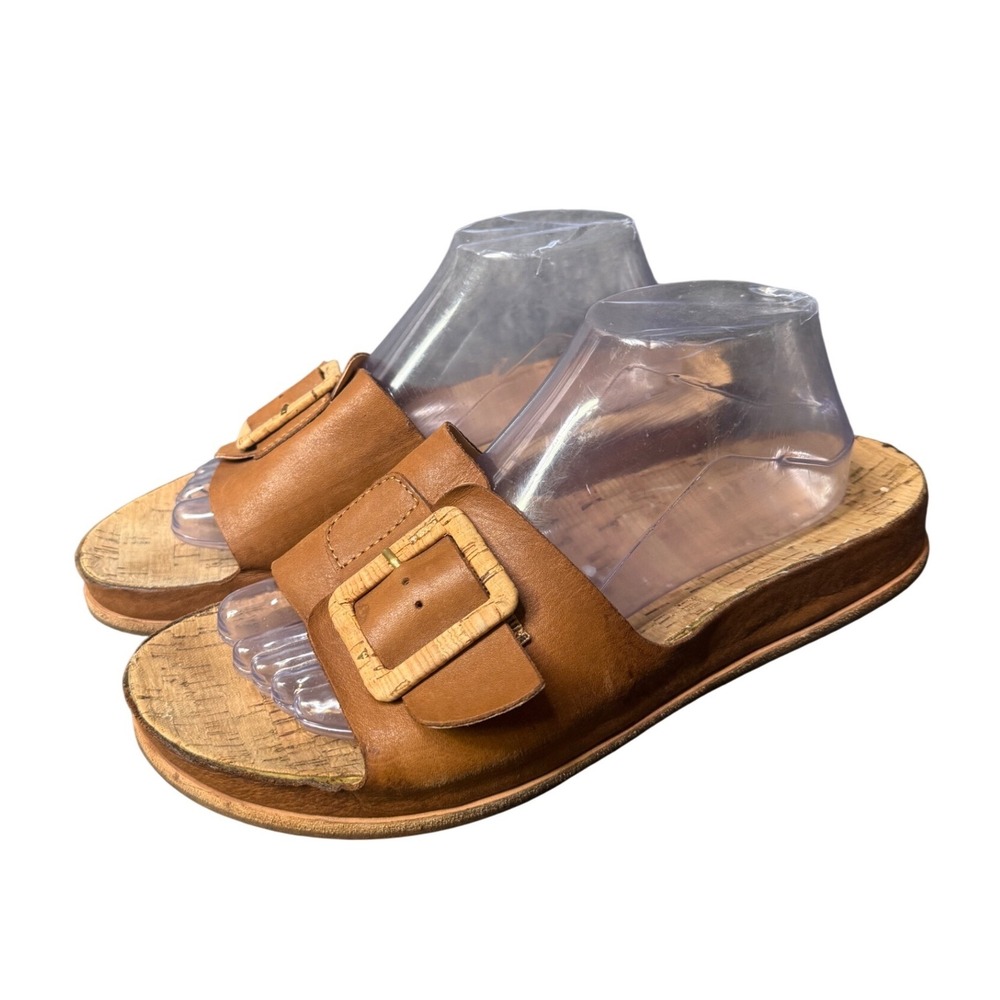 Kork-Ease Women Tan Brown Leather Cork Slide Sandals Buckle Platform Size 8